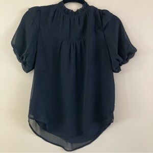 LOFT Layered Black Blouse with Puff Sleeves High Neck